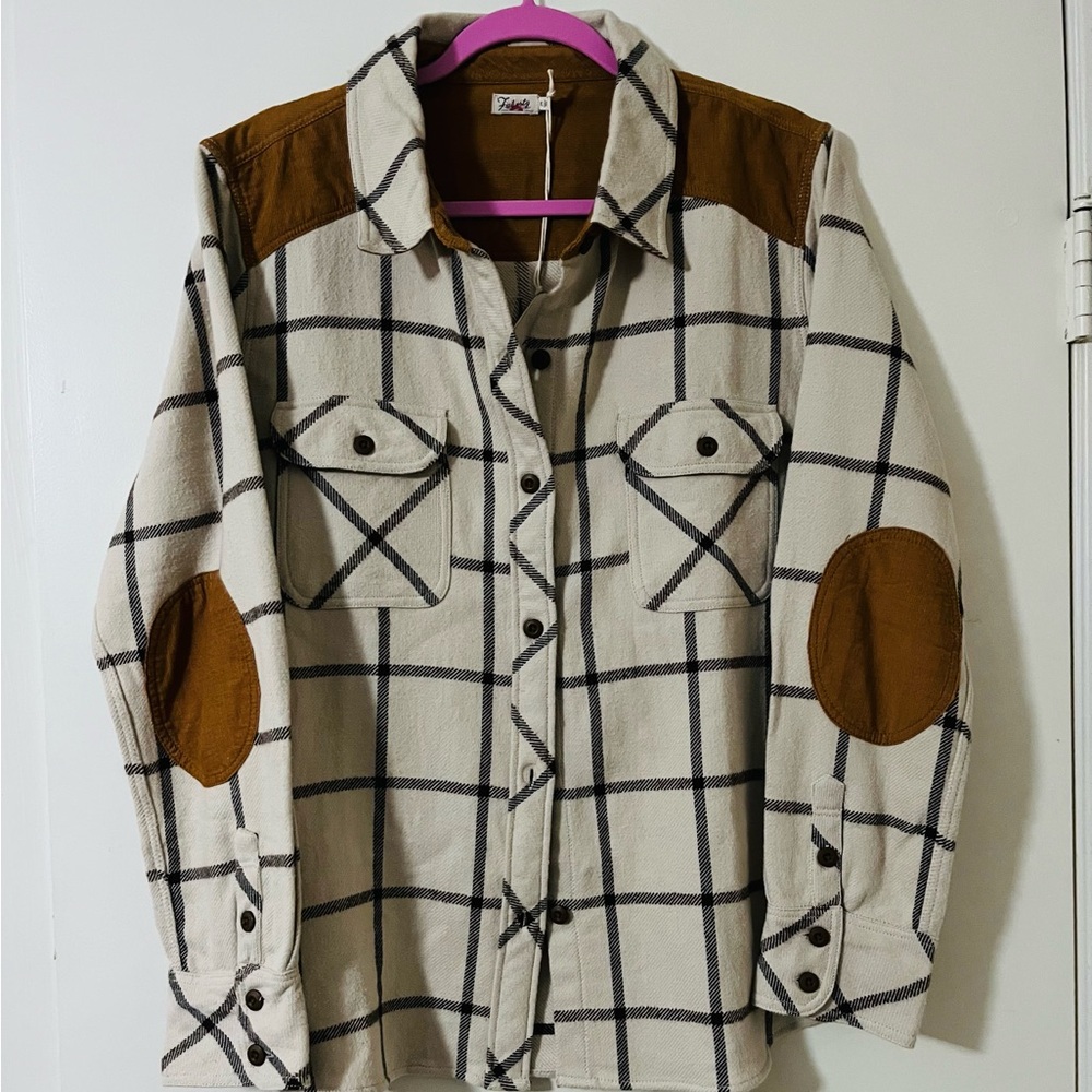 Faherty Cream Plaid Button-Up Shirt Jacket with Brown Accents
